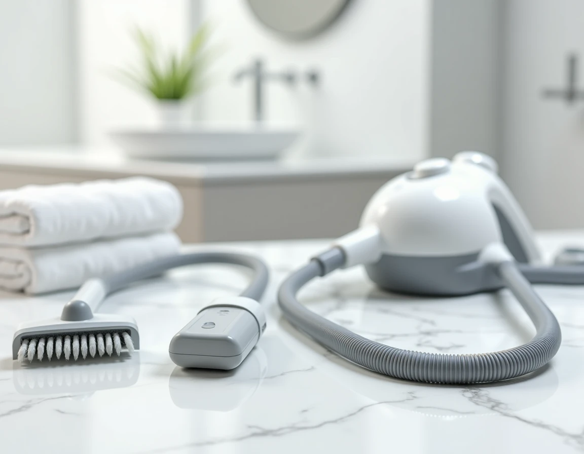 Accessoires du nettoyeur vapeur Silvercrest disposés sur un plan de travail en marbre blanc