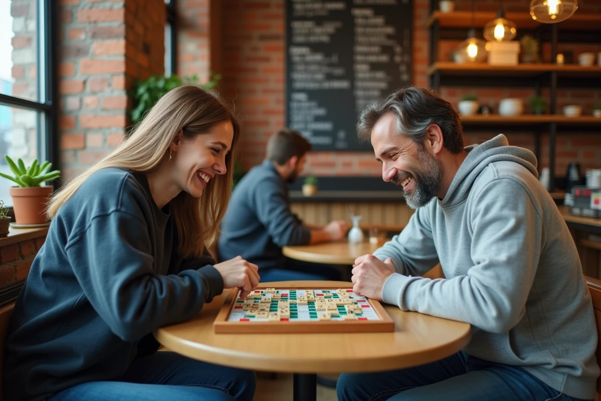 Dos amigos jugando una animada partida de Scrabble en un cálido café urbano