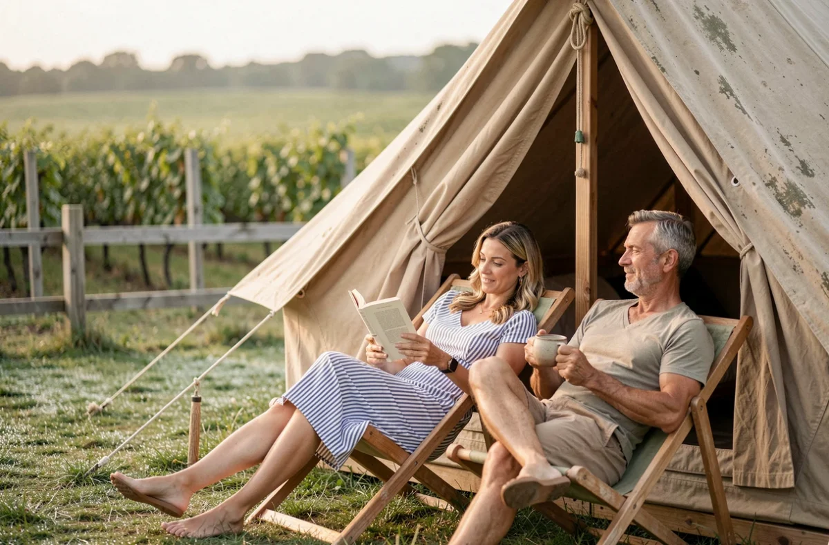 Couple se relaxant devant une tente bell tent dans un camping premium en Indre-et-Loire avec vue sur les vignes