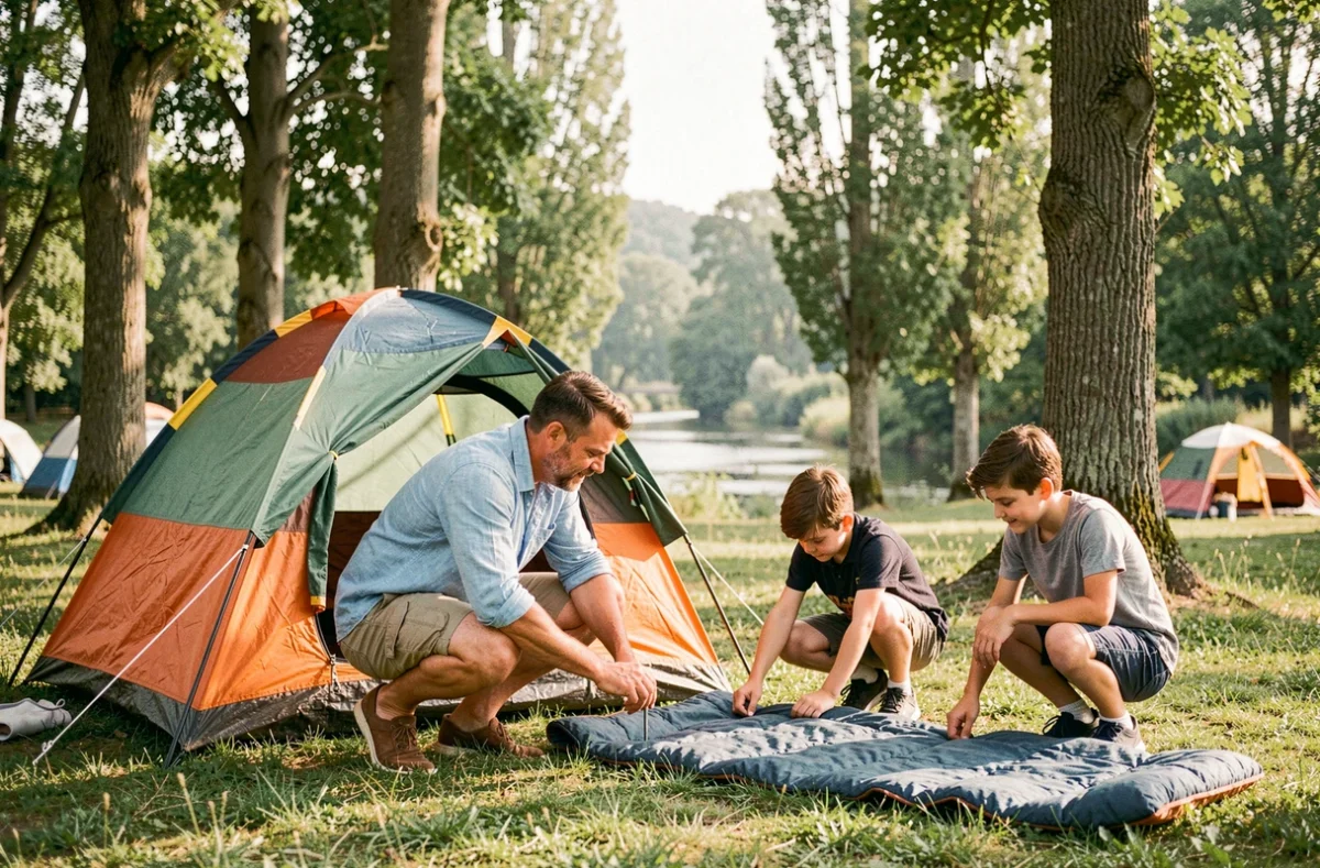 Famille installant une tente dans un camping en Indre-et-Loire entouré d'arbres et d'une rivière en arrière-plan