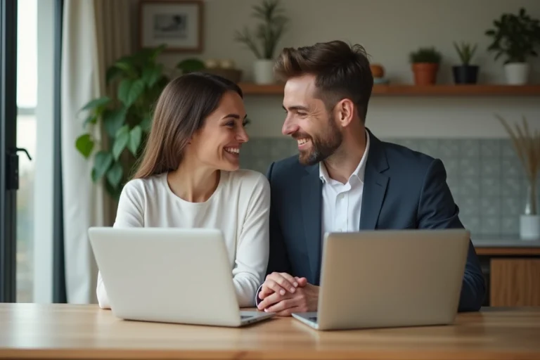 Jeune couple souriant lors d'un dîner à la maison avec ordinateurs