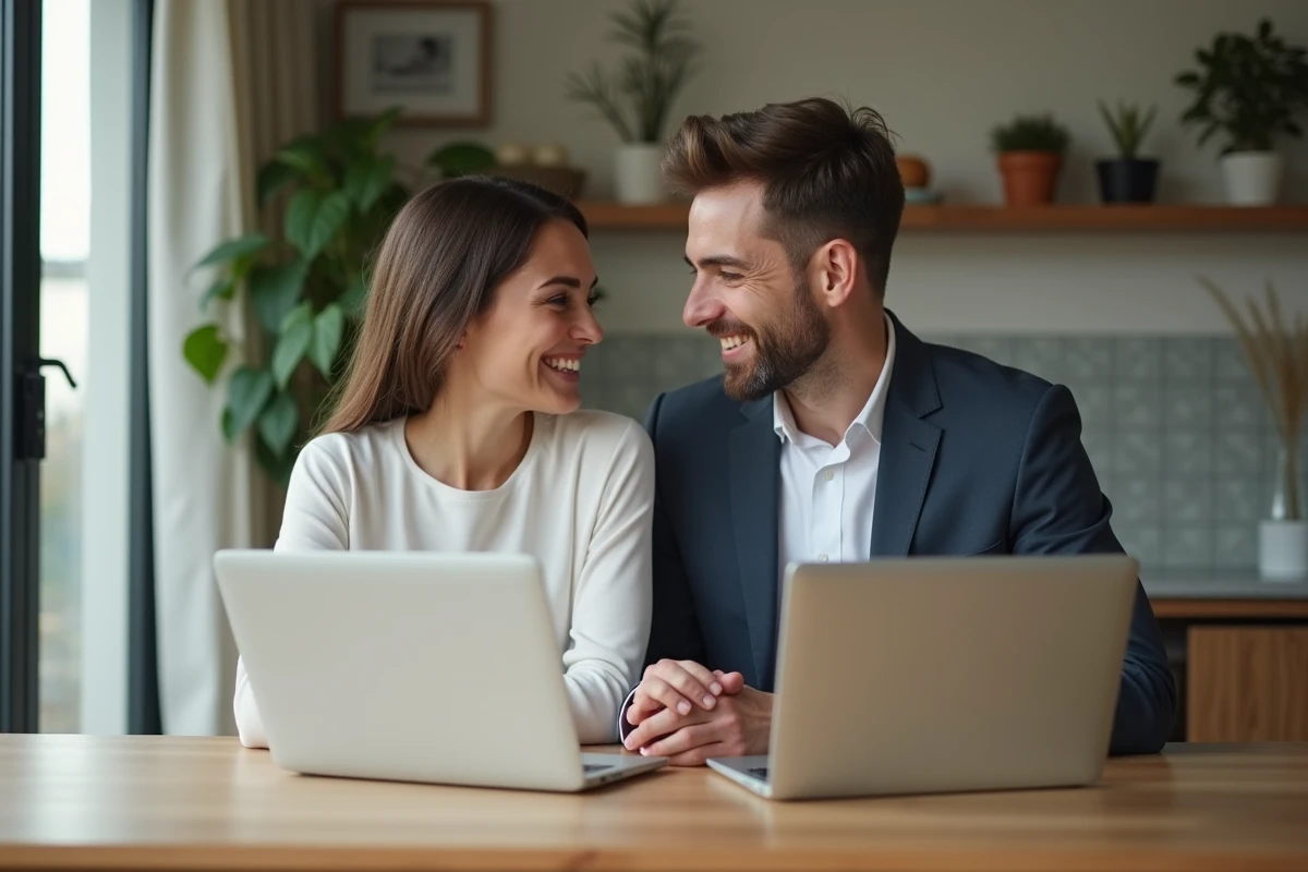 Jeune couple souriant lors d'un dîner à la maison avec ordinateurs