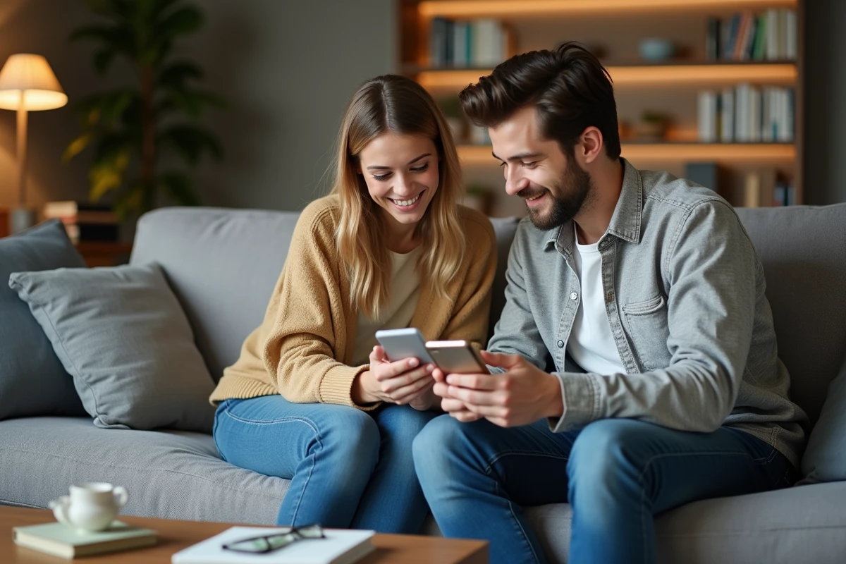 Couple planifiant leurs finances ensemble avec une application de banque en ligne sur smartphone dans un salon