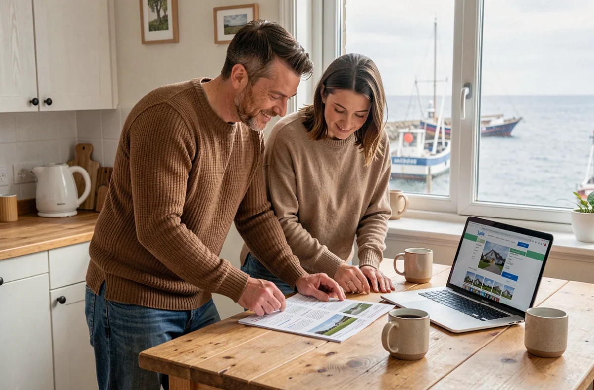 Couple consultant des annonces immobilières dans un appartement côtier en Bretagne avec vue sur le port de pêche