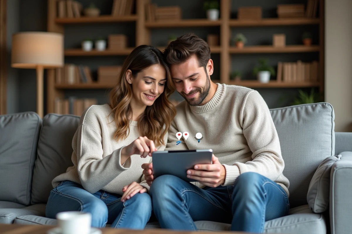 Couple recherchant un logement ensemble sur une tablette affichant une carte d'annonces immobilières