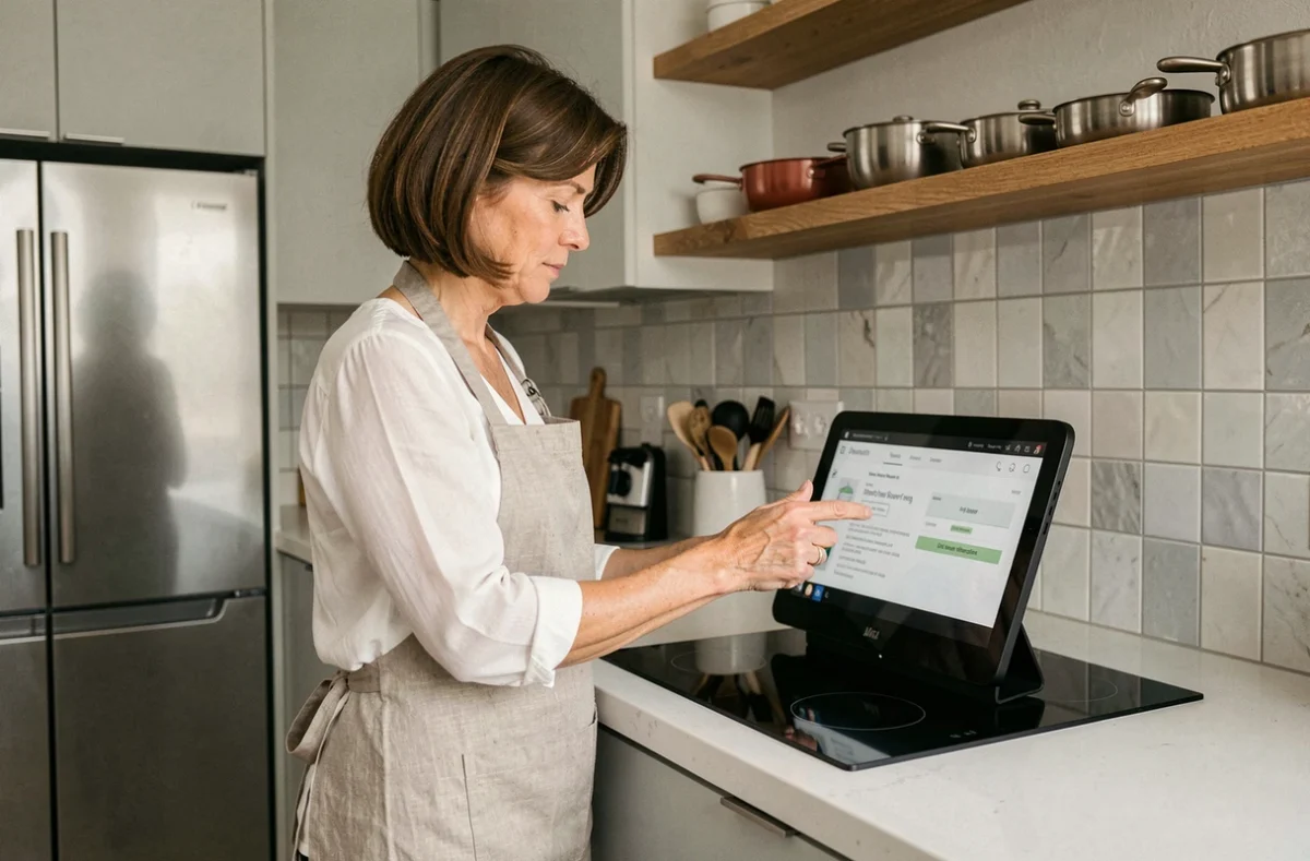 Femme dans une cuisine rénovée équipée d'appareils connectés et d'un écran tactile intégré, illustration des innovations pour la maison moderne