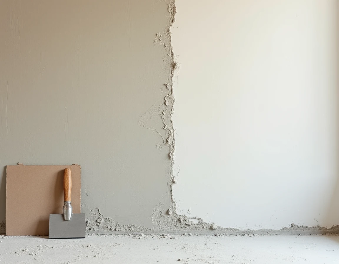Détail d'un mur intérieur avec enduit lisse et outils de plâtrier posés au sol lors d'une rénovation