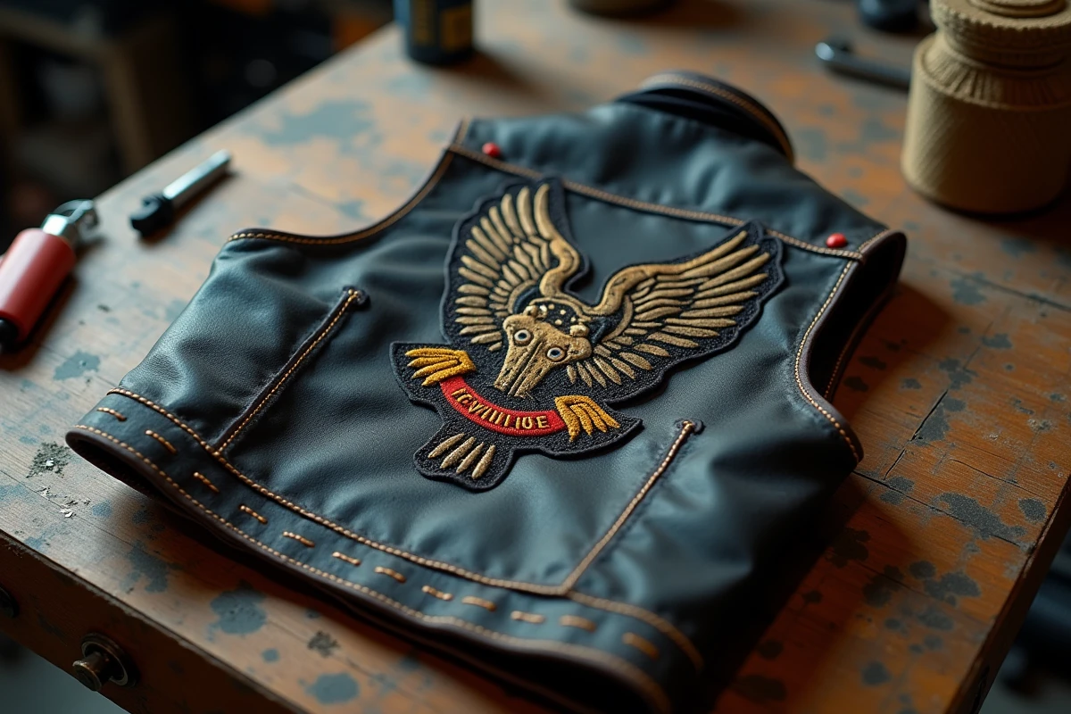 Dos d'un gilet de motard en cuir avec patch central, top rocker et bottom rocker brodés posé sur un établi d'atelier