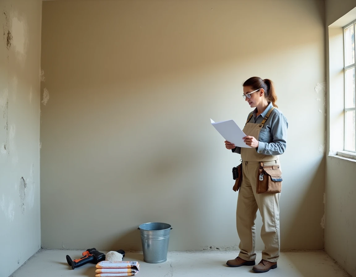 Entrepreneuse en rénovation examinant un devis pour l'application d'enduit sur les murs intérieurs d'une maison