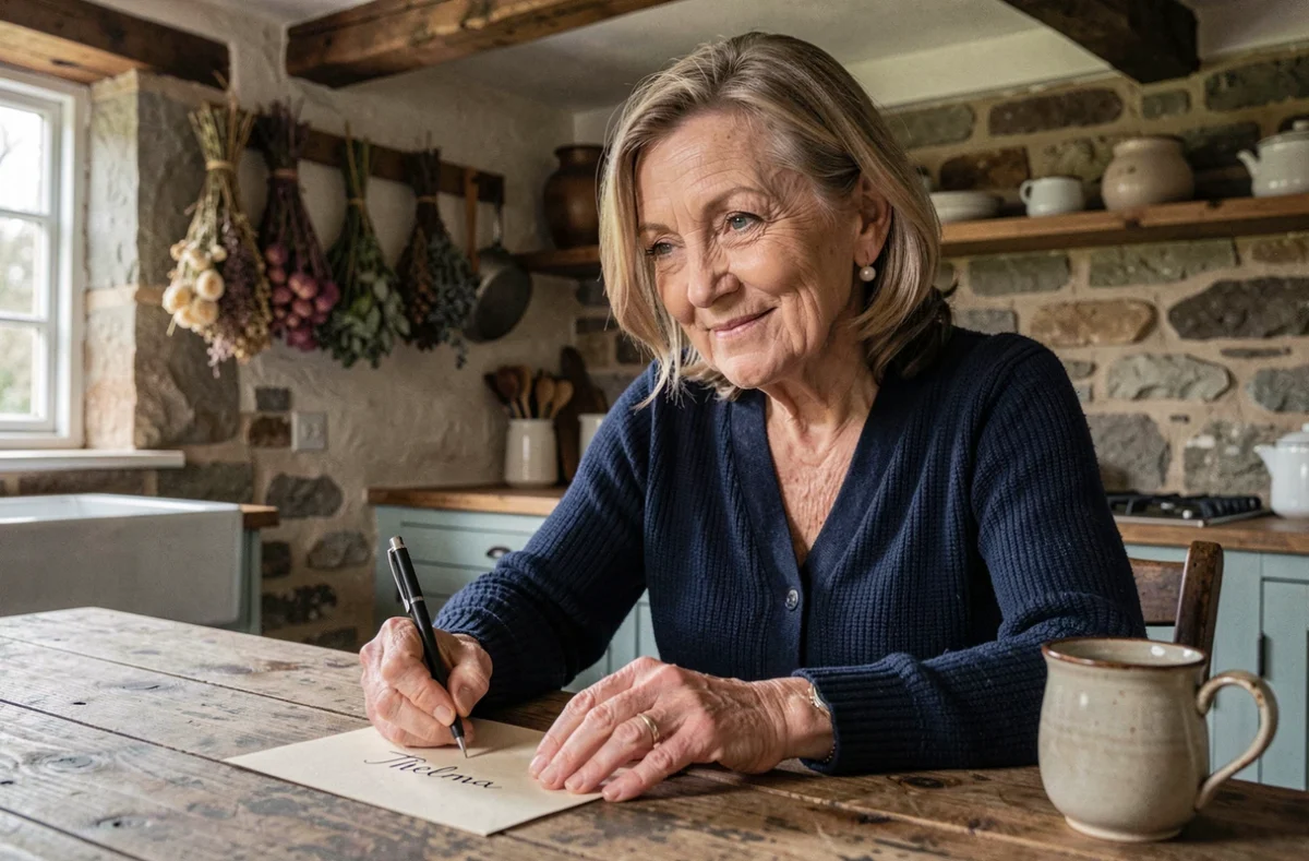 Femme âgée écrivant le prénom Thelma en cursive sur une carte dans une cuisine rustique en pierre