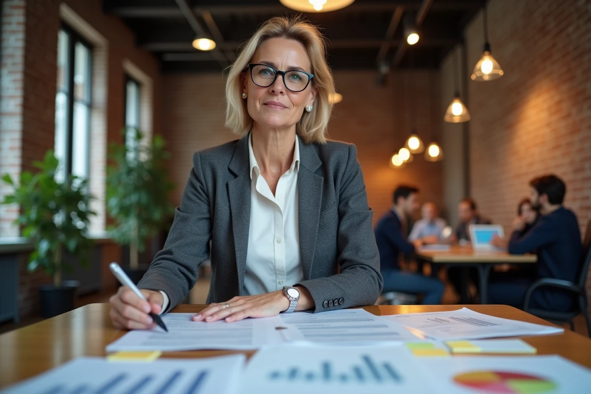 Femme analyste financière étudiant des documents boursiers dans un espace de co-working professionnel