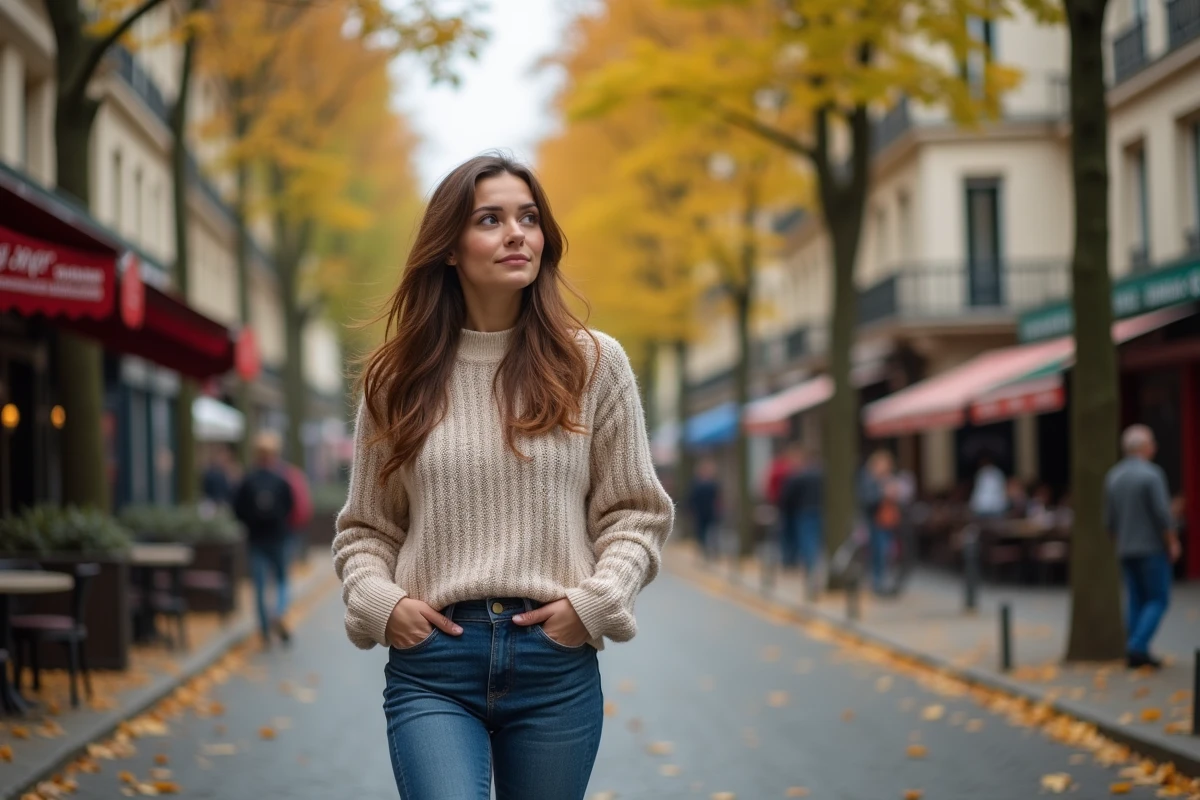 Jeune femme marche dans une rue parisienne automnale