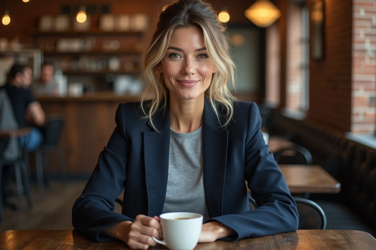 Donna dai capelli ondulati biondo scuro seduta in un caffè americano vintage, con una tazza di ceramica in un'atmosfera calda e intima