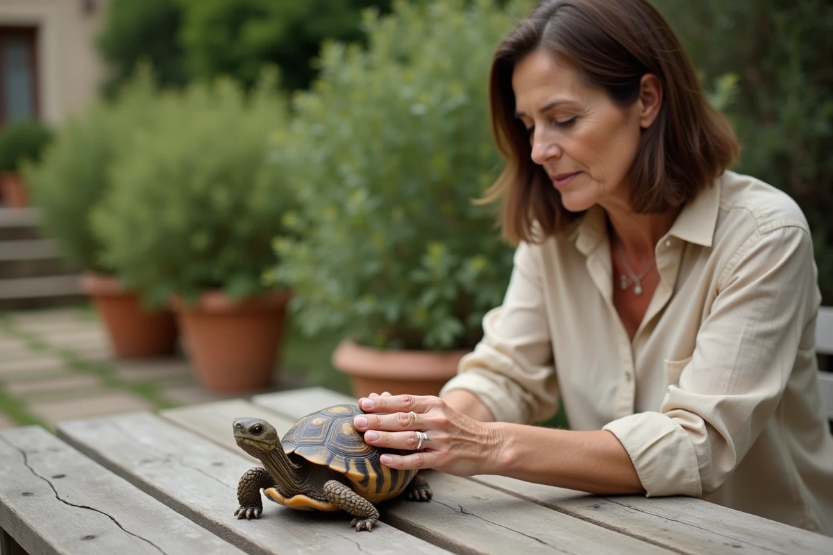 Femme observant calmement une tortue Hermann sur une table de jardin en bois, approche douce pour calmer l'animal