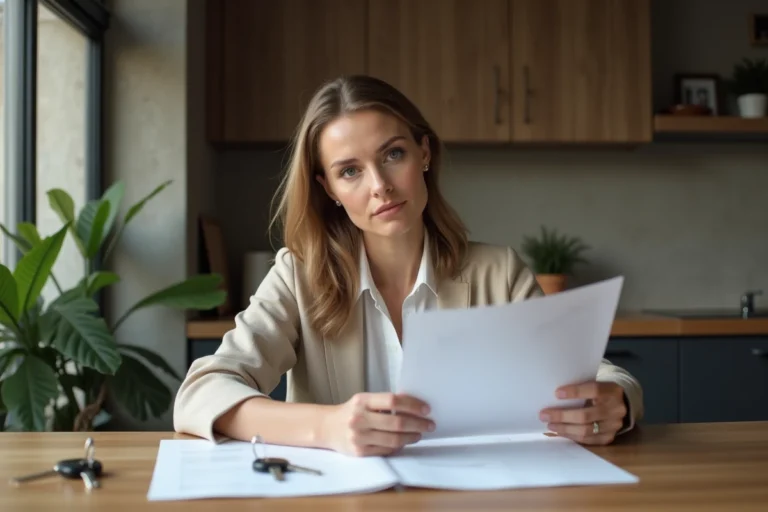 Femme examinant des contrats de location et clés dans un intérieur moderne