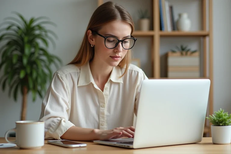 Femme consultant une application bancaire en ligne sur ordinateur portable dans un bureau moderne à domicile