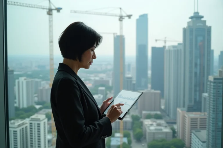 Femme d age moyen avec tablette dans un bureau urbain