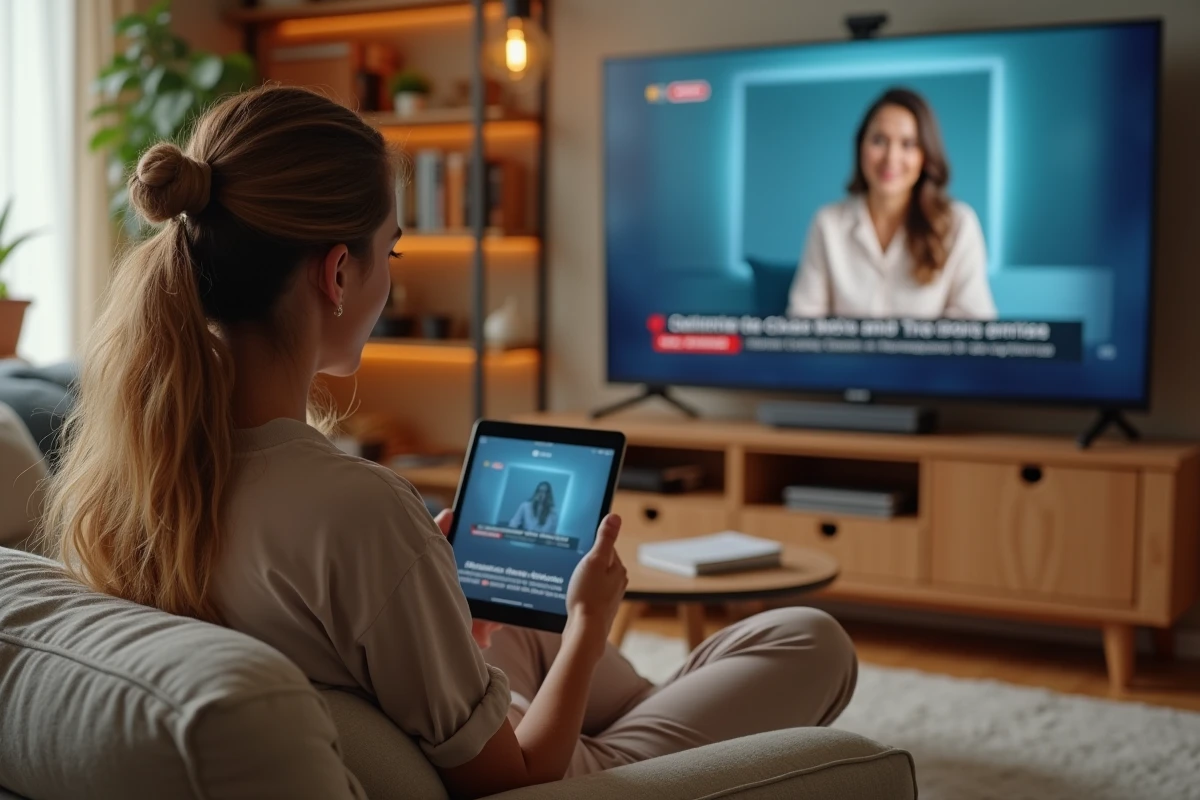 Jeune femme suivant les informations en continu sur télévision et tablette depuis son salon