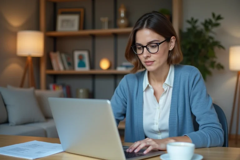 Jeune femme inscrivant en ligne sur son ordinateur portable