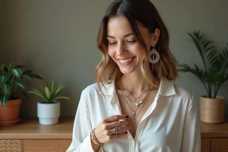 Jeune femme portant bijoux tendance en intérieur