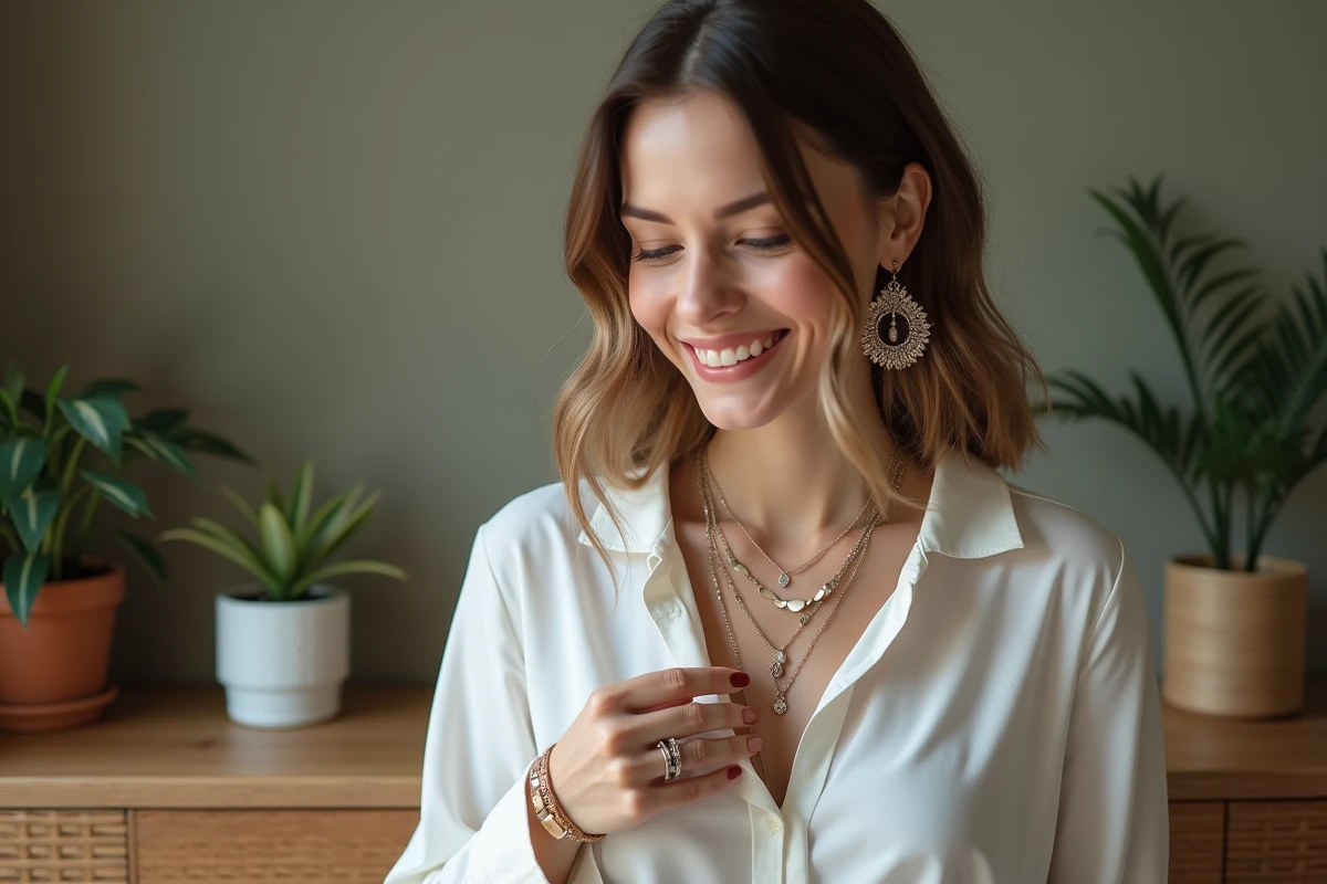 Jeune femme portant bijoux tendance en intérieur