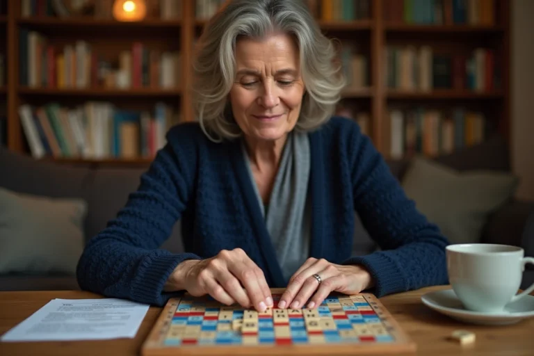 Femme concentrée plaçant une tuile sur un plateau de Scrabble en bois dans un salon chaleureux