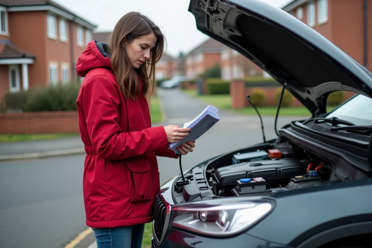 Jeune femme vérifie le moteur de sa voiture dans la rue