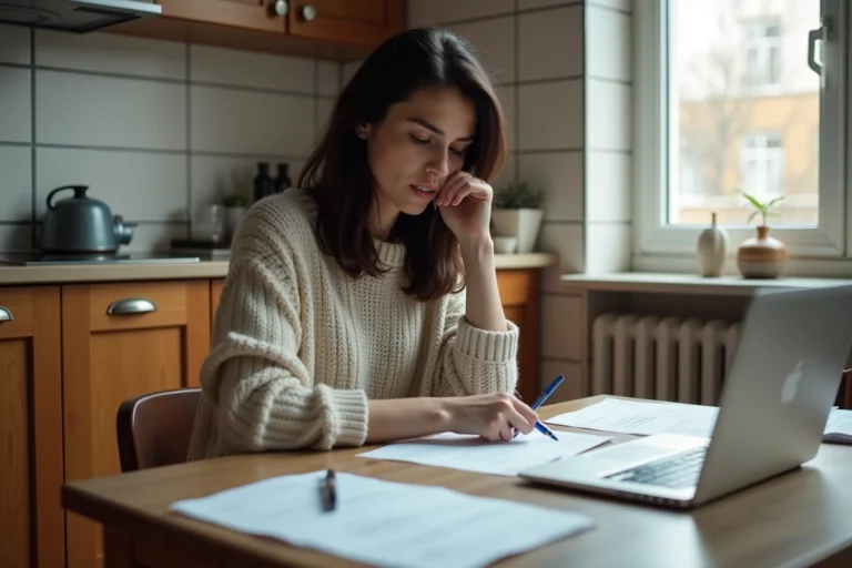 Femme organisée dans sa cuisine avec papiers et ordinateur