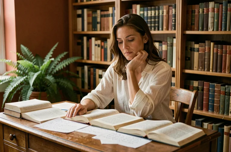 Femme pensive lisant des livres d'étymologie sur l'histoire du prénom Thelma dans une bibliothèque vintage