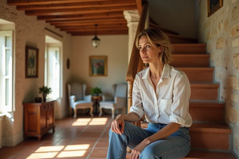 Femme assise sur un escalier en terre cuite dans une maison provençale