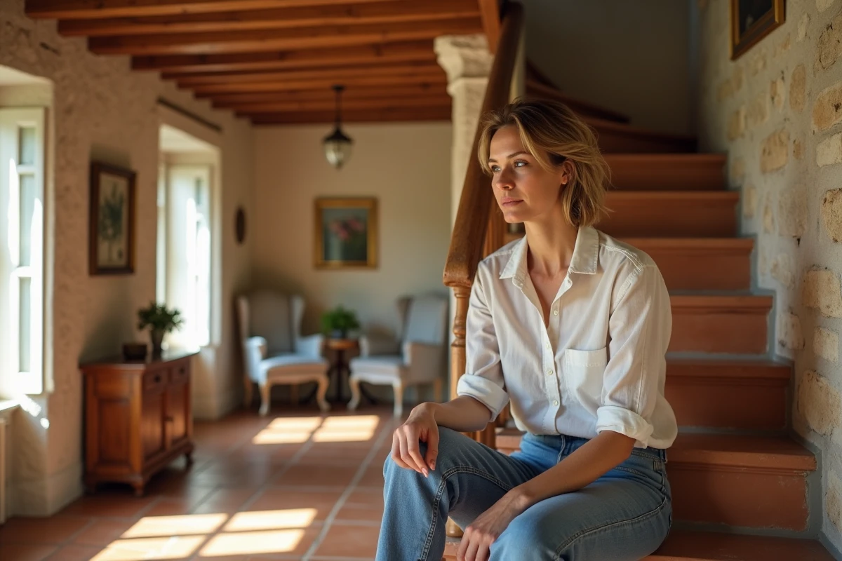Femme assise sur un escalier en terre cuite dans une maison provençale