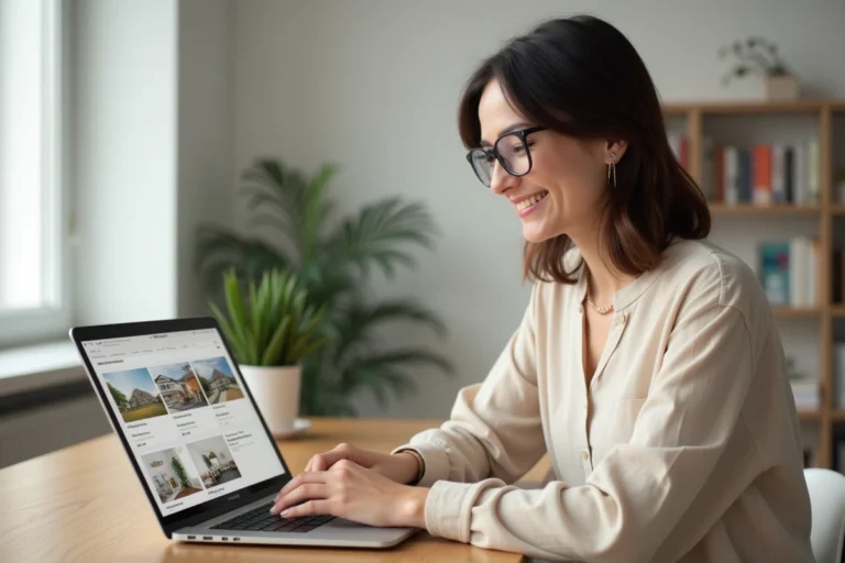 Femme consultant des annonces immobilières en ligne sur un ordinateur portable dans un appartement moderne