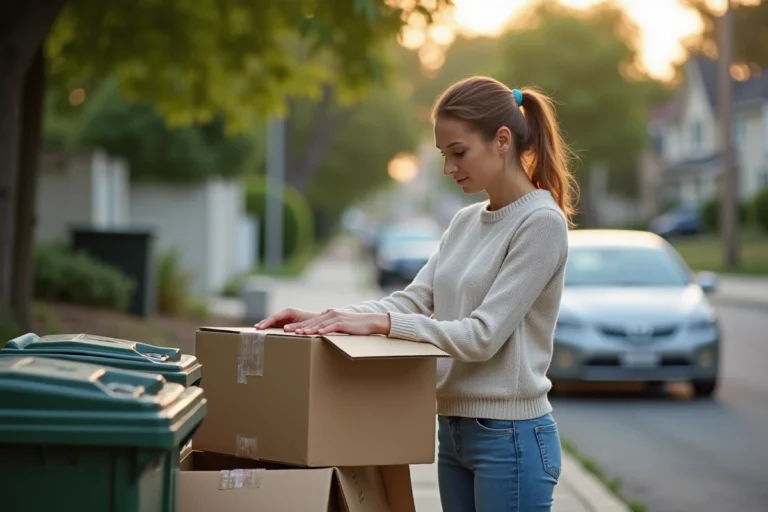 Femme plie des cartons devant une poubelle de recyclage