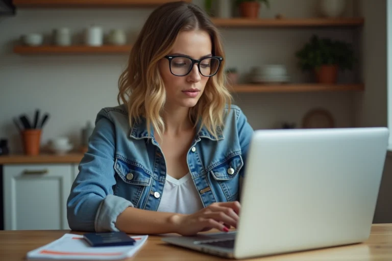 Femme en denim met à jour sa réservation de vol