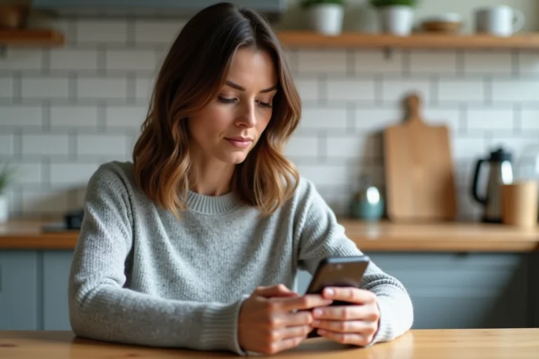 Femme téléchargeant l'application Mon Proxima sur un smartphone Android dans une cuisine moderne