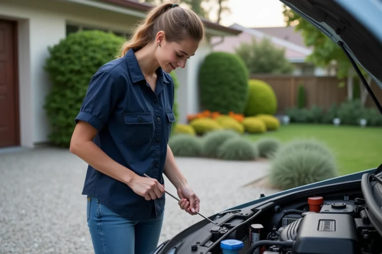 Jeune femme vérifiant le niveau d'huile de sa voiture dehors