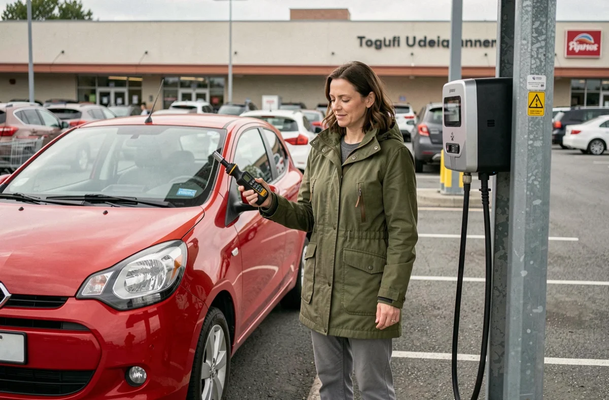 Femme vérifiant la pression des pneus avec un manomètre numérique à un terminal de gonflage gratuit en parking de supermarché
