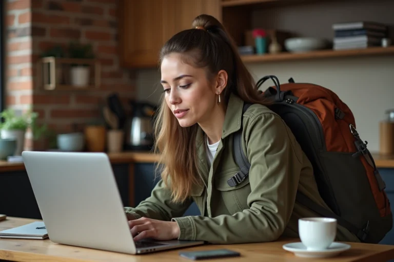 Femme concentrée devant son ordinateur dans une cuisine rustique