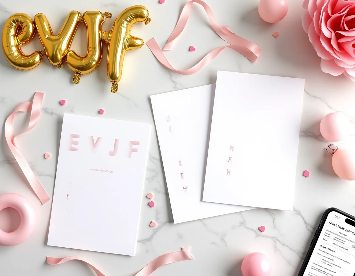 Vue aérienne de jeux EVJF imprimables disposés sur marbre avec ballons et décorations de soirée