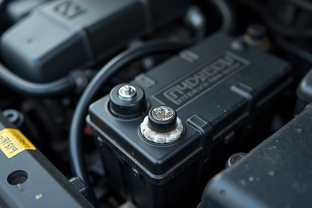 Gros plan sur une batterie de Citroën C3 avec traces de corrosion blanche sur les bornes dans le compartiment moteur