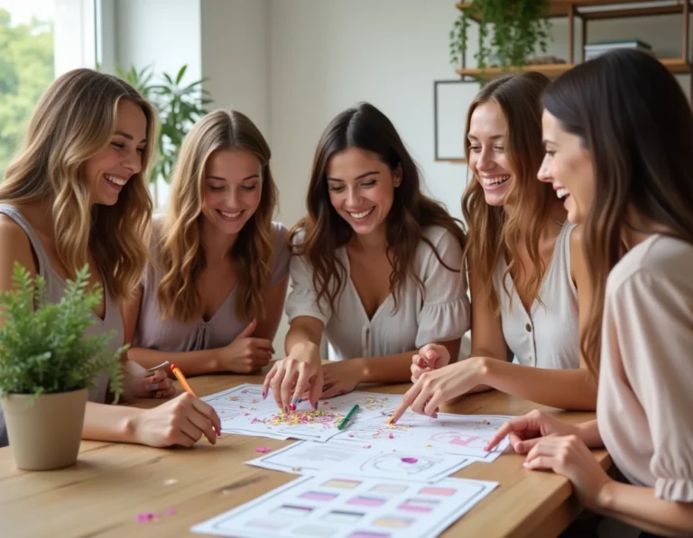 Groupe de femmes jouant à des jeux EVJF imprimables autour d'une table en bois avec des feuilles de jeux colorées