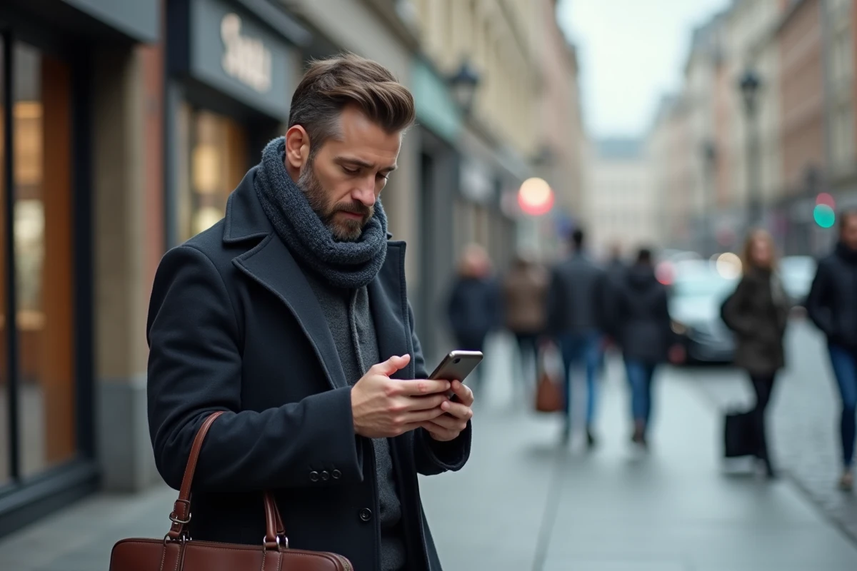 Homme consultant les dernières nouvelles sur son smartphone dans une rue urbaine animée