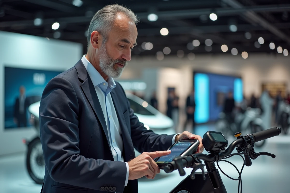 Homme d affaires examinant un vélo électrique lors d une exposition