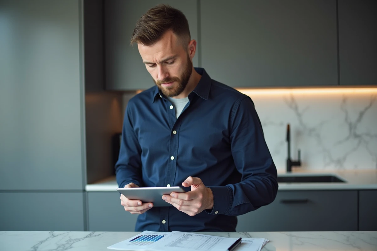 Homme gérant son budget personnel via une banque en ligne sur tablette dans une cuisine moderne