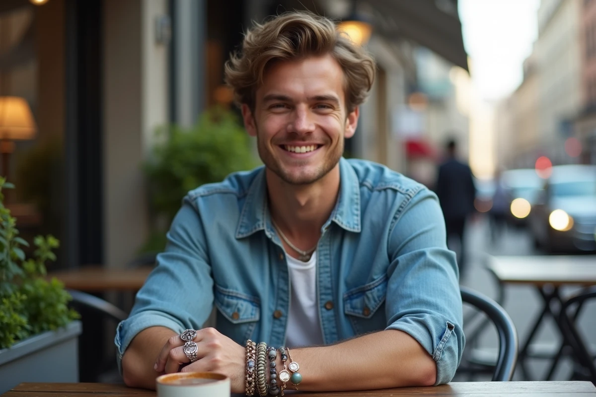Homme avec bijoux dans un café en ville