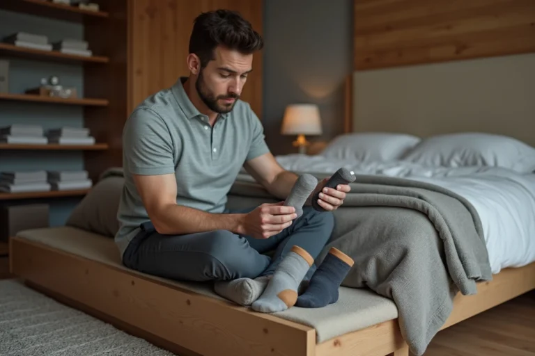 Homme dans une chambre compare deux paires de chaussettes