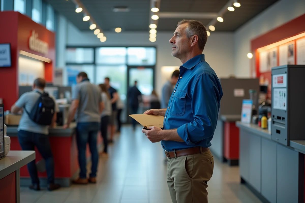 Homme en file à la poste française avec enveloppe