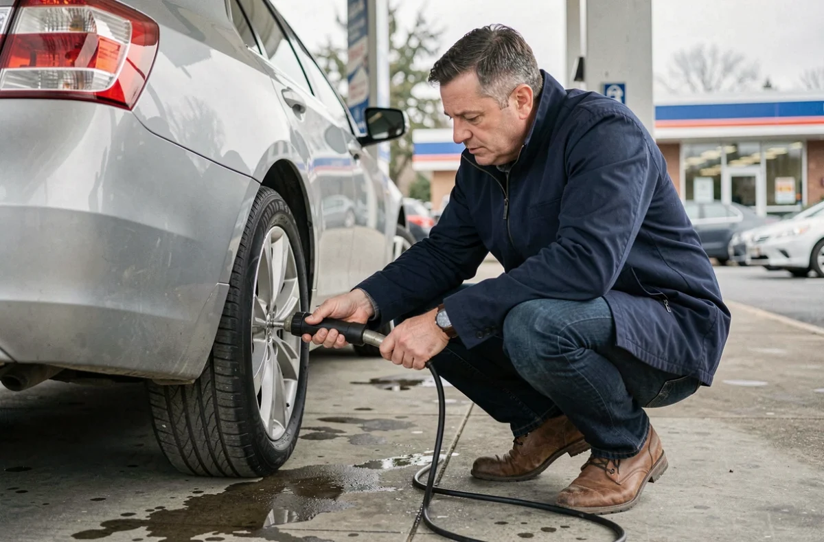 Homme gonflant un pneu gratuitement à une station-service avec une pompe à air en libre-service
