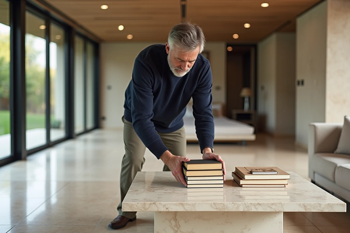 Homme arrangeant des livres d art dans un salon moderne