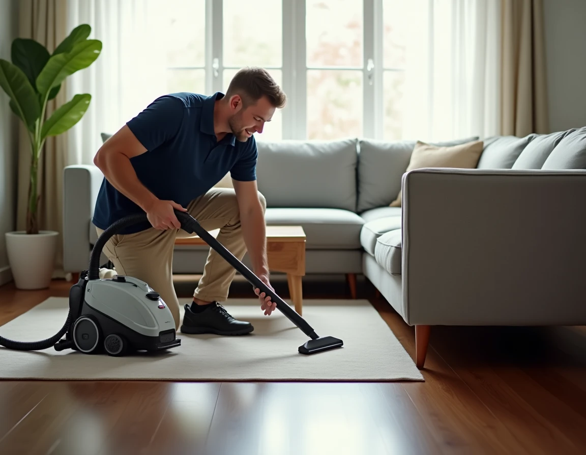 Homme utilisant un nettoyeur vapeur Silvercrest sur parquet en bois dans un salon